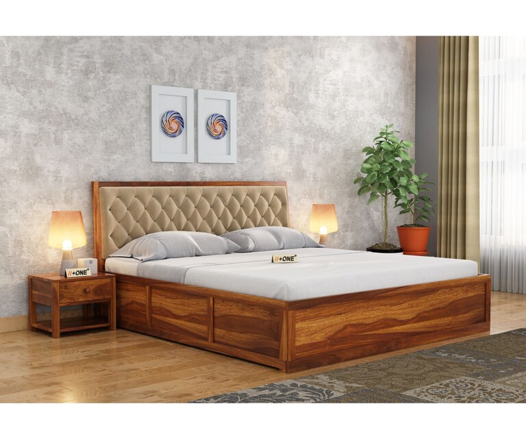 PlusOne Aria Solid Sheesham Wood Beige Cushioned Queen Size Bed with Hydraulic Storage in Teak Finish