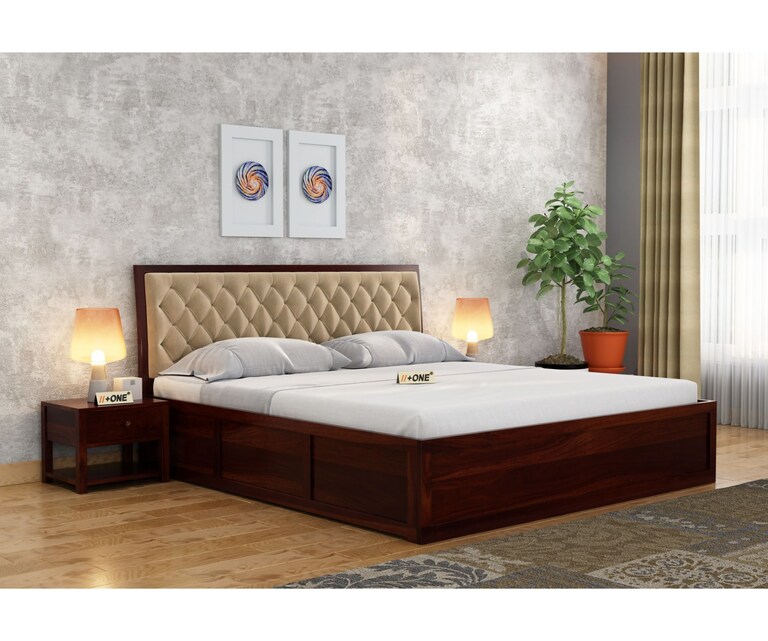 PlusOne Aria Solid Sheesham Wood Beige Cushioned Queen Size Bed with Hydraulic Storage in Walnut Finish