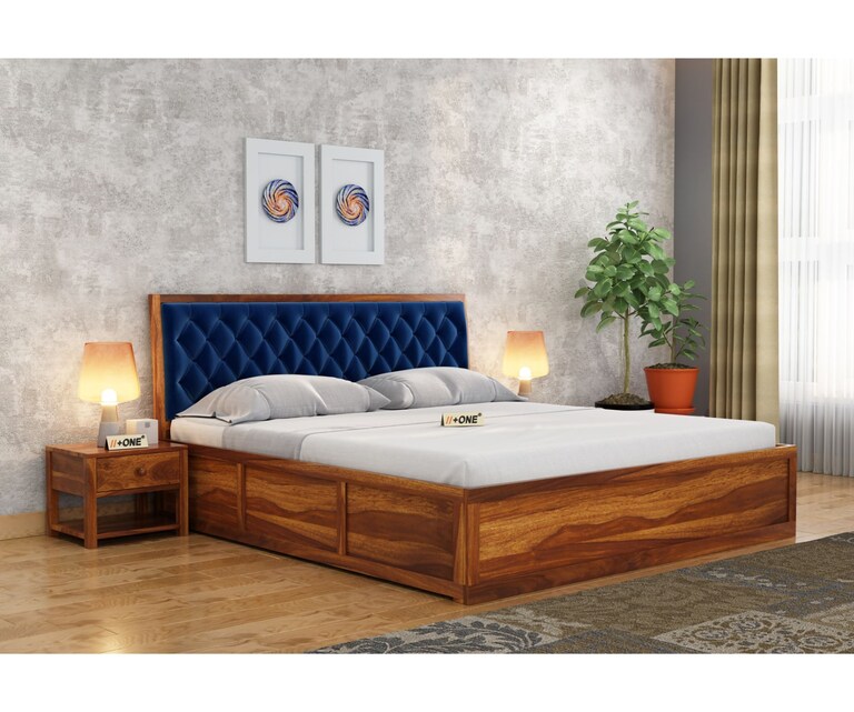 PlusOne Aria Solid Sheesham Wood Blue Cushioned Queen Size Bed with Hydraulic Storage in Teak Finish
