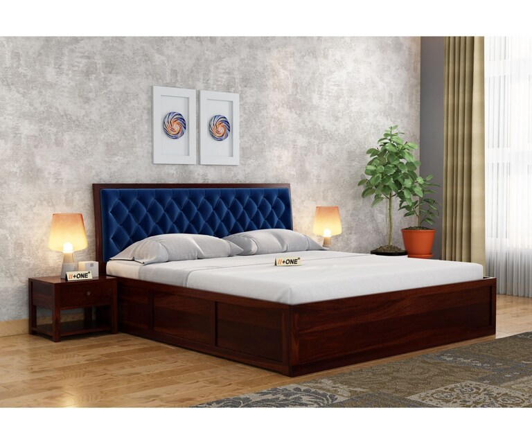 PlusOne Aria Solid Sheesham Wood Blue Cushioned Queen Size Bed with Hydraulic Storage in Walnut Finish