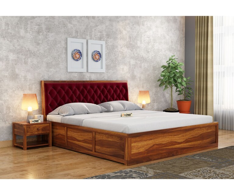 PlusOne Aria Solid Sheesham Wood Pomogranate Cushioned Queen Size Bed with Hydraulic Storage in Teak Finish