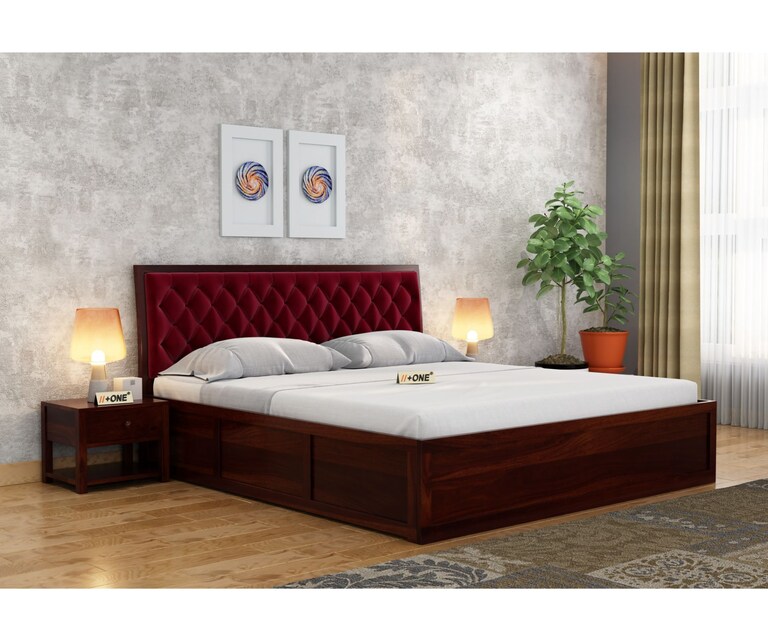 PlusOne Aria Solid Sheesham Wood Pomogranate Cushioned Queen Size Bed with Hydraulic Storage in Walnut Finish
