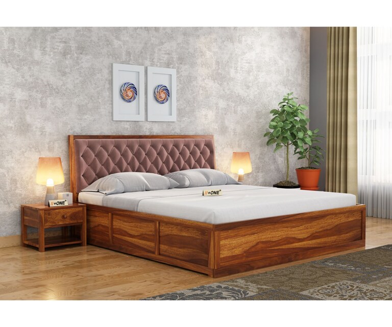 PlusOne Aria Solid Sheesham Wood Peach Cushioned Queen Size Bed with Hydraulic Storage in Teak Finish