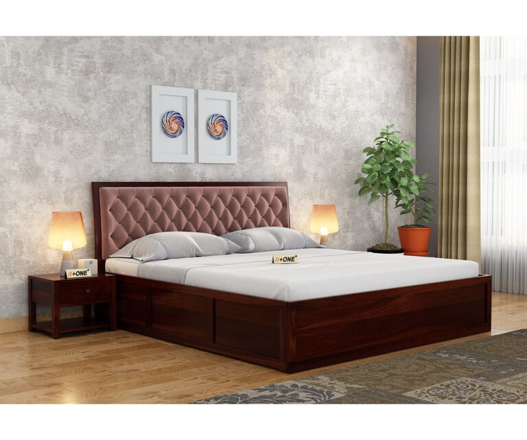 PlusOne Aria Solid Sheesham Wood Peach Cushioned Queen Size Bed with Hydraulic Storage in Walnut Finish