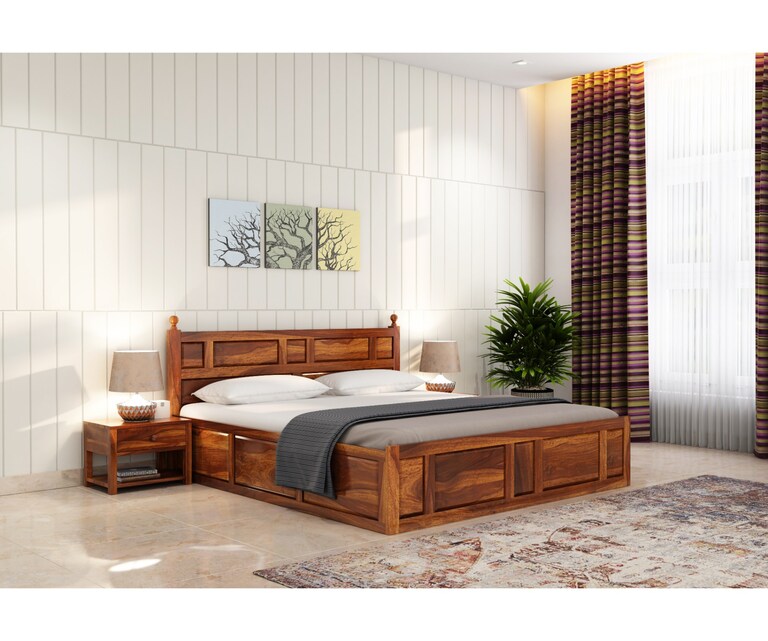 PlusOne Imperial Solid Sheesham Wood Queen Size Bed with Box Storage in Teak Finish