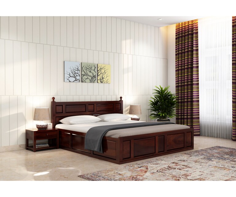 PlusOne Imperial Solid Sheesham Wood Queen Size Bed with Box Storage in Walnut Finish