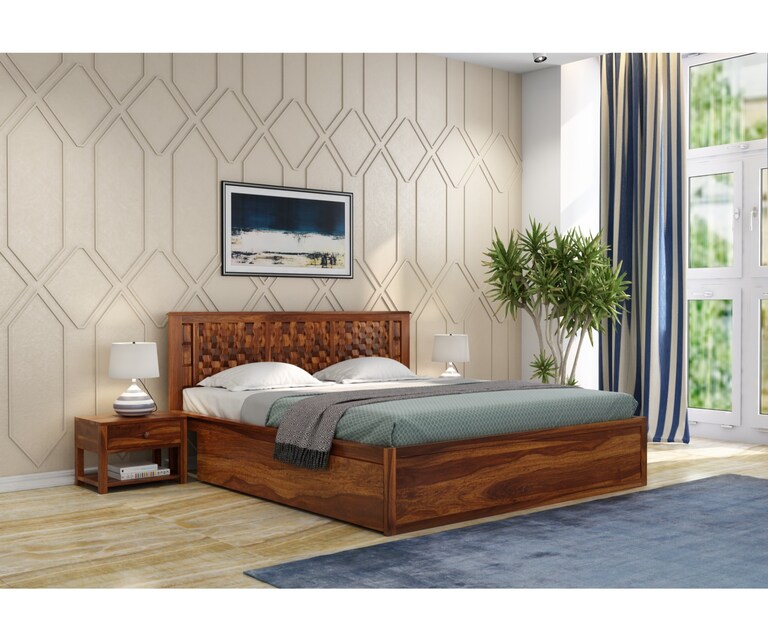 PlusOne Marwar Solid Sheesham Wood Queen Size Bed with Side Drawer in Teak Finish