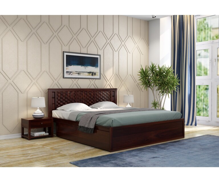 PlusOne Marwar Solid Sheesham Wood Queen Size Bed with Side Drawer in Walnut Finish