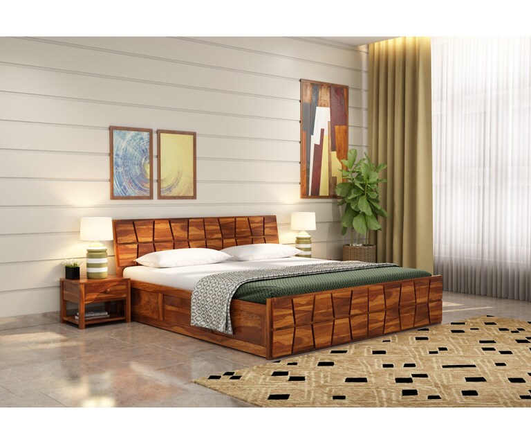 PlusOne Hawaii Solid Sheesham Wood Queen Size Bed with Box Storage in Teak Finish