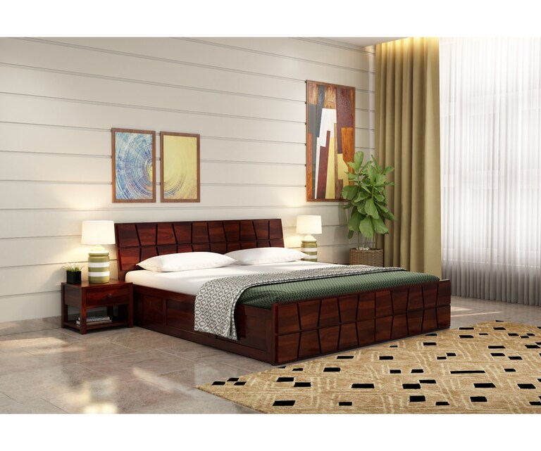 PlusOne Hawaii Solid Sheesham Wood Queen Size Bed with Box Storage in Walnut Finish