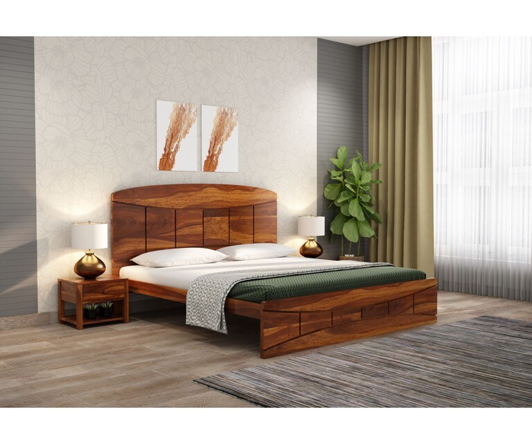 PlusOne Cedar Solid Sheesham Wood King Size Bed without Storage in Teak Finish