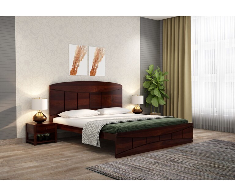 PlusOne Cedar Solid Sheesham Wood Queen Size Bed without Storage in Walnut Finish