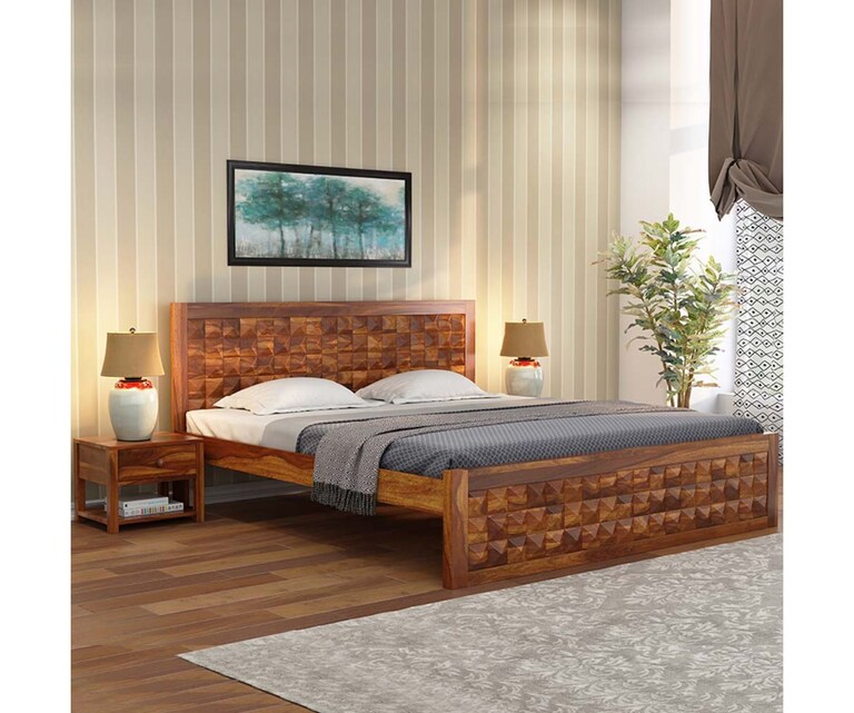 PlusOne Diamond Solid Sheesham Wood King Size Bed without Storage in Teak Finish