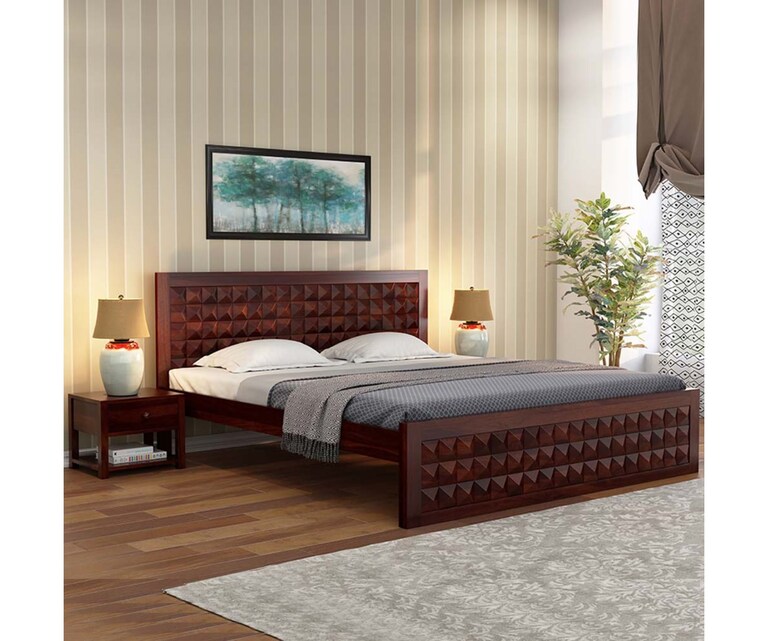 PlusOne Diamond Solid Sheesham Wood King Size Bed without Storage in Walnut Finish