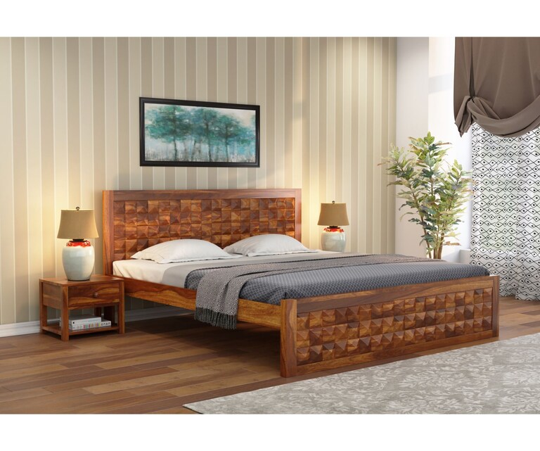 PlusOne Diamond Solid Sheesham Wood Queen Size Bed without Storage in Teak Finish