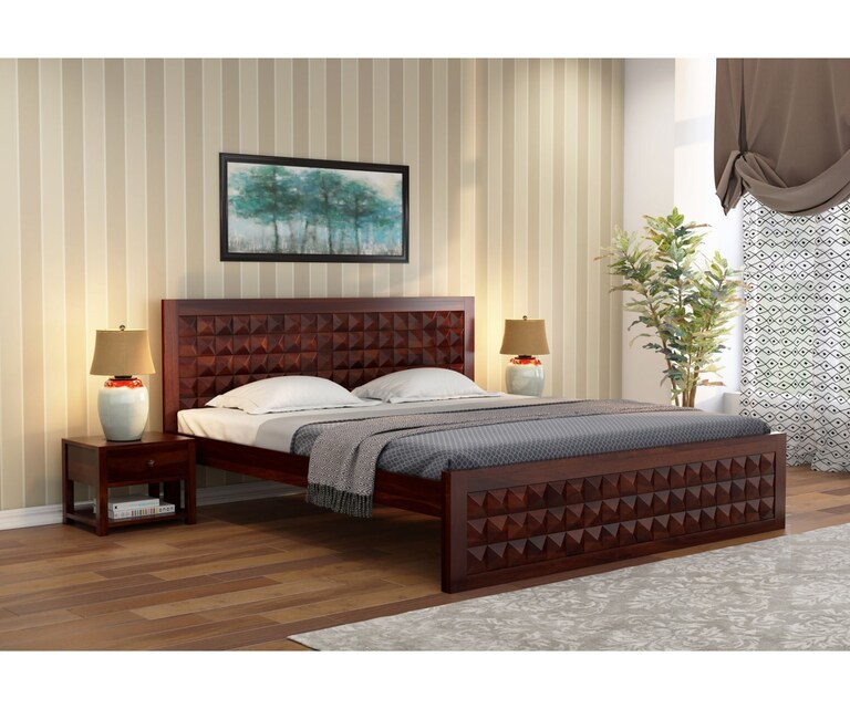 PlusOne Diamond Solid Sheesham Wood Queen Size Bed without Storage in Walnut Finish