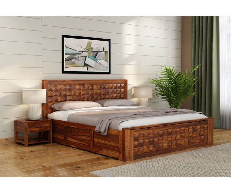PlusOne Diamond Solid Sheesham Wood Queen Size Bed with Box Storage in Teak Finish