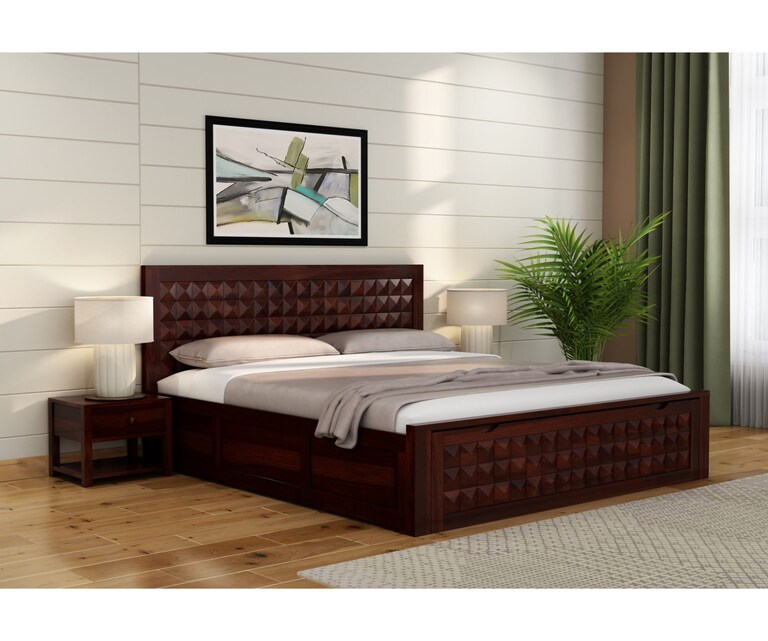 PlusOne Diamond Solid Sheesham Wood Queen Size Bed with Box Storage in Walnut Finish