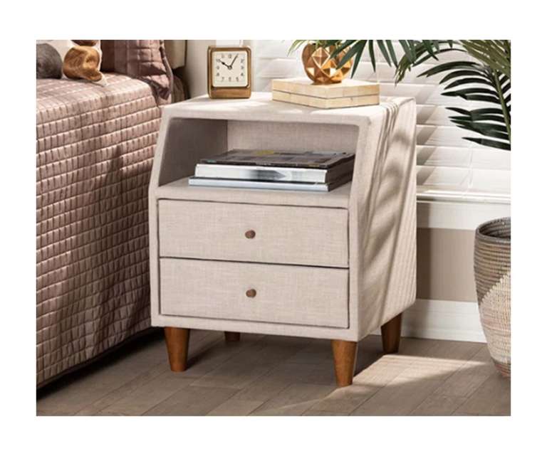 LeatherOn Magnus Velvet Upholstered Bedside Table in Beige Colour with Double Drawer