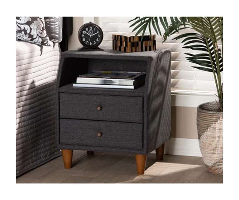 LeatherOn Magnus Velvet Upholstered Bedside Table in Charcoal Colour with Double Drawer