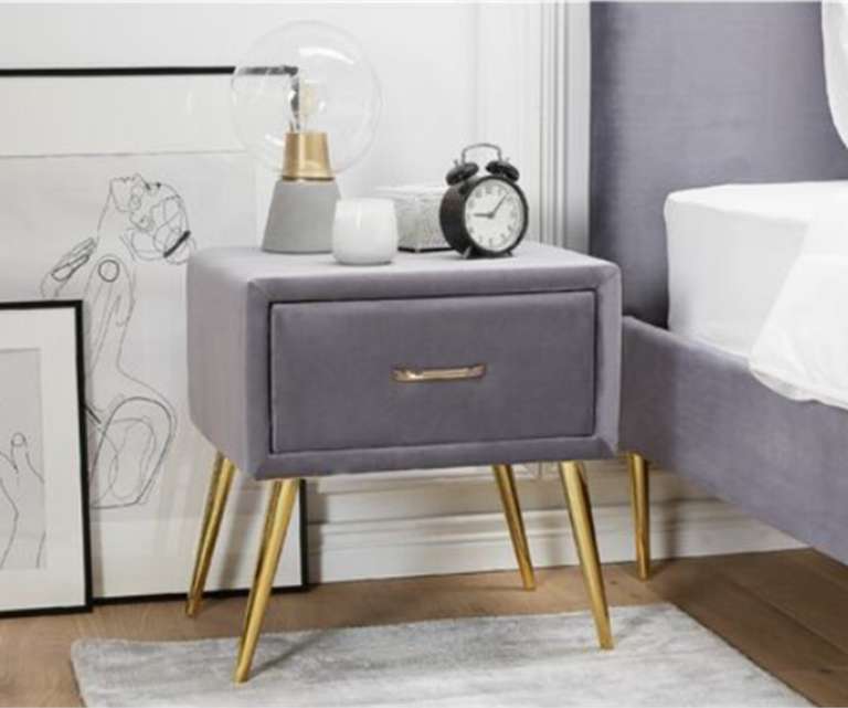 LeatherOn Kosmo Velvet Upholstered Bedside Table in Grey Colour with Single Drawer