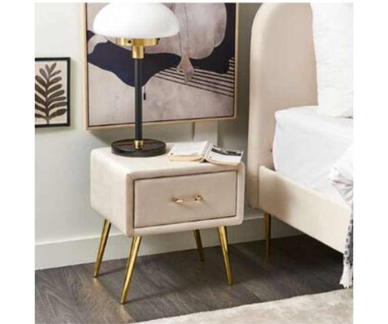 LeatherOn Kosmo Velvet Upholstered Bedside Table in Beige Colour with Single Drawer