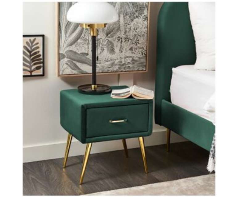 LeatherOn Kosmo Velvet Upholstered Bedside Table in Green Colour with Single Drawer