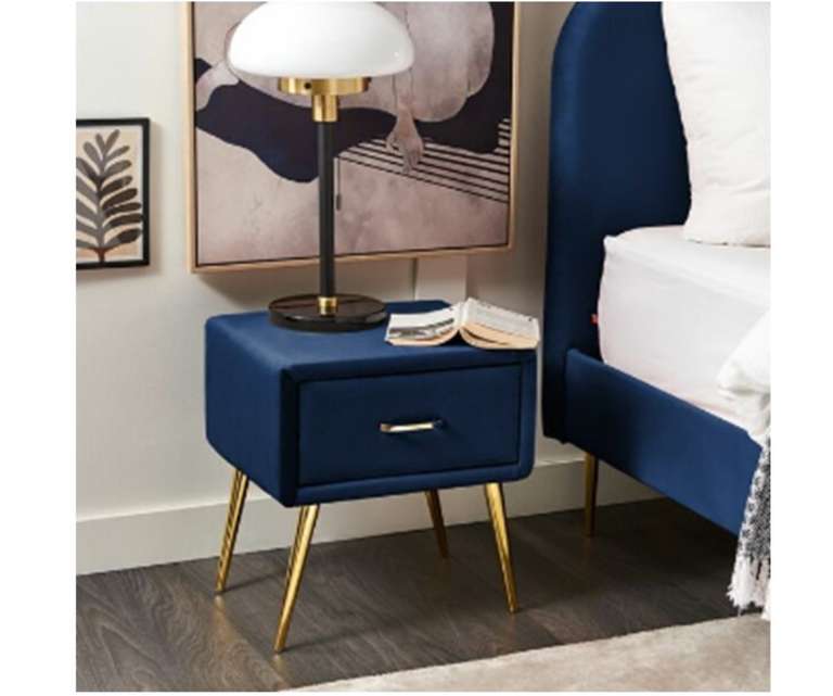 LeatherOn Kosmo Velvet Upholstered Bedside Table in Blue Colour with Single Drawer