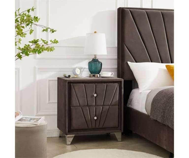 LeatherOn Sunrise Velvet Upholstered Bedside Table in Brown Colour with Double Drawer