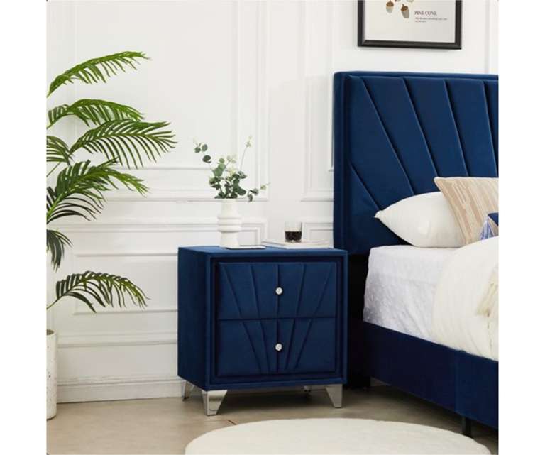 LeatherOn Sunrise Velvet Upholstered Bedside Table in Blue Colour with Double Drawer