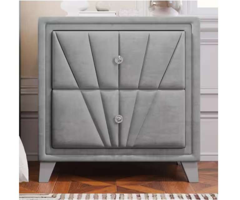 LeatherOn Sunrise Velvet Upholstered Bedside Table in Grey Colour with Double Drawer