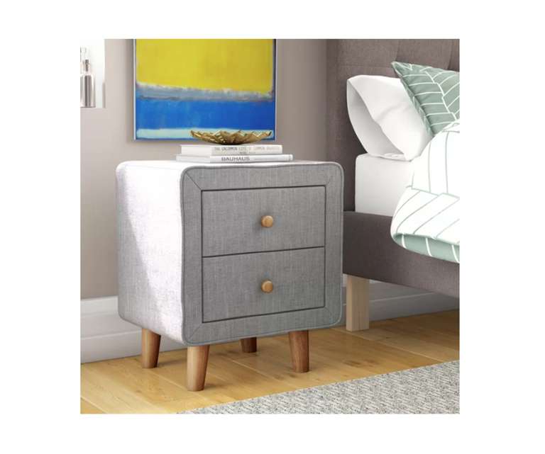 LeatherOn Cyrus Velvet Upholstered Bedside Table in Grey Colour with Double Drawer