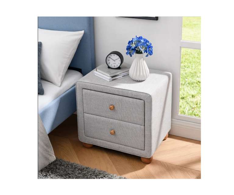 LeatherOn Pico Velvet Upholstered Bedside Table in Grey Colour with Double Drawer