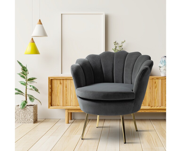 LeatherOn Adoree Velvet Fabric Accent Chair in Grey Colour