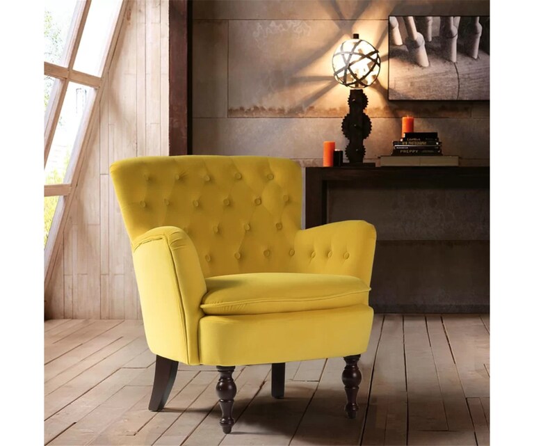LeatherOn Myler Velvet Fabric Wing Chair in Yellow Colour