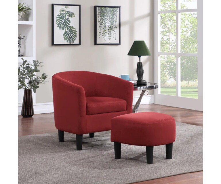 LeatherOn Pitts Velvet Fabric Wing Chair with Ottoman in Burgundy Colour