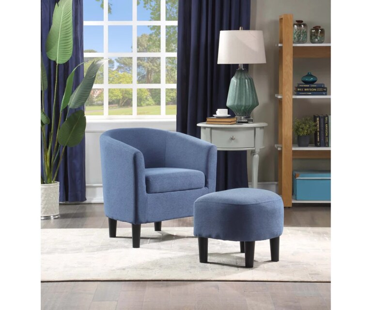LeatherOn Pitts Velvet Fabric Wing Chair with Ottoman in Navy Blue Colour