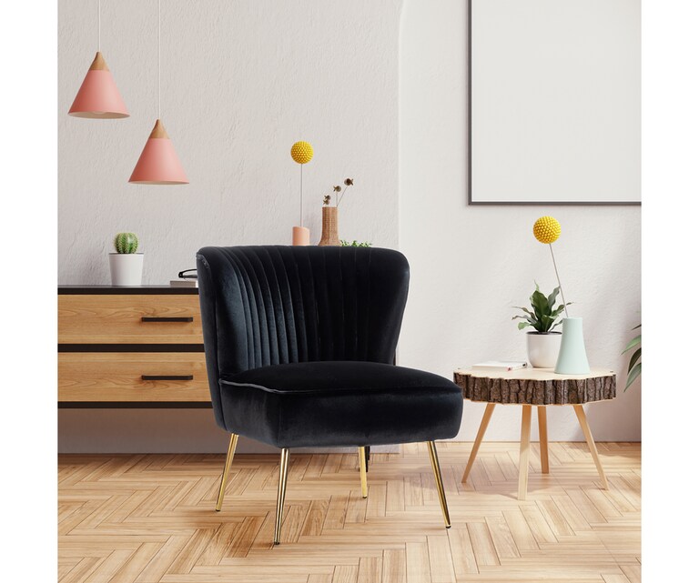 LeatherOn Cleo Velvet Fabric Accent Chair in Black Colour