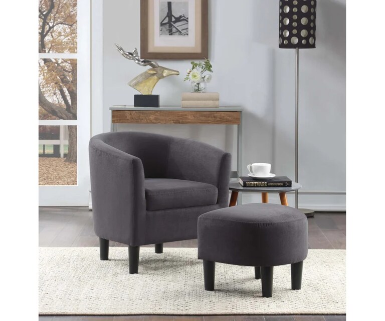 LeatherOn Pitts Velvet Fabric Wing Chair with Ottoman in Grey Colour