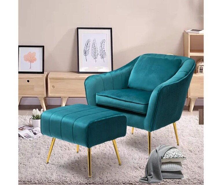 LeatherOn Greggs Velvet Fabric Wing Chair with Ottoman in Teal Colour