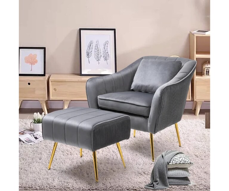 LeatherOn Greggs Velvet Fabric Wing Chair with Ottoman in Grey Colour