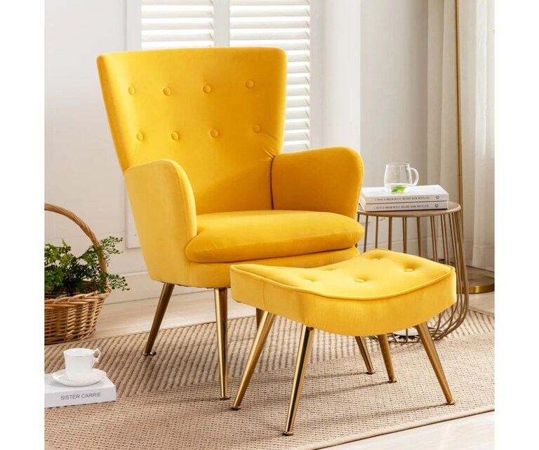 LeatherOn Wilbar Velvet Fabric Lounge Chair with Ottoman in Yellow Colour
