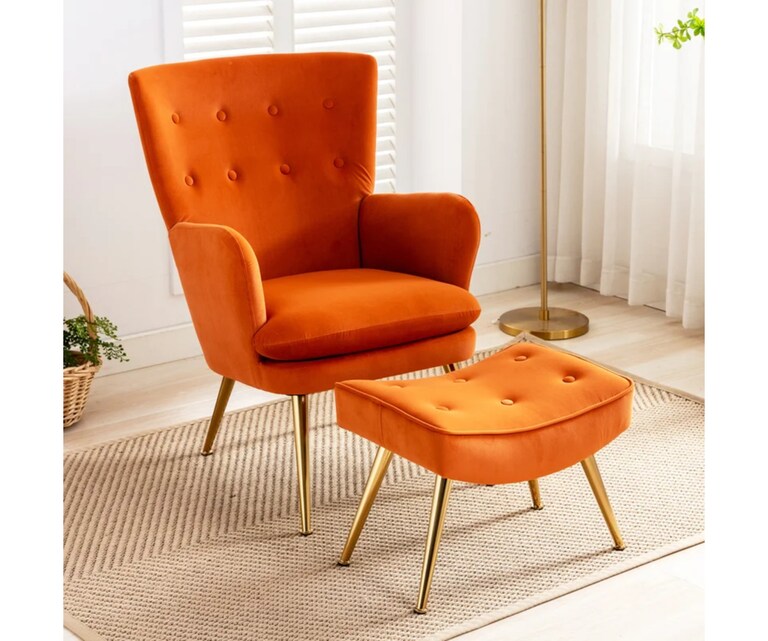 LeatherOn Wilbar Velvet Fabric Lounge Chair with Ottoman in Orange Colour