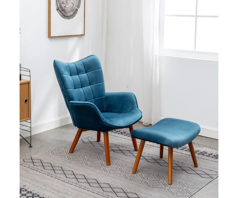 LeatherOn Embra Velvet Fabric Lounge Chair with Ottoman in Blue Colour