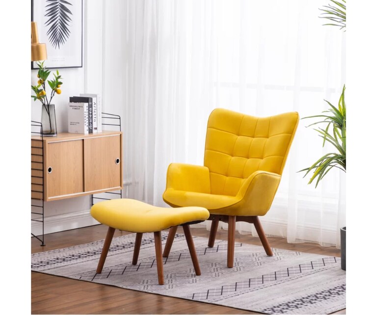 LeatherOn Embra Velvet Fabric Lounge Chair with Ottoman in Yellow Colour
