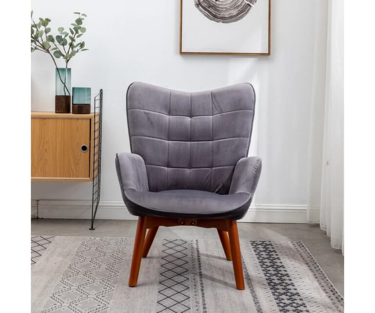 LeatherOn Embra Velvet Fabric Lounge Chair with Ottoman in Grey Colour