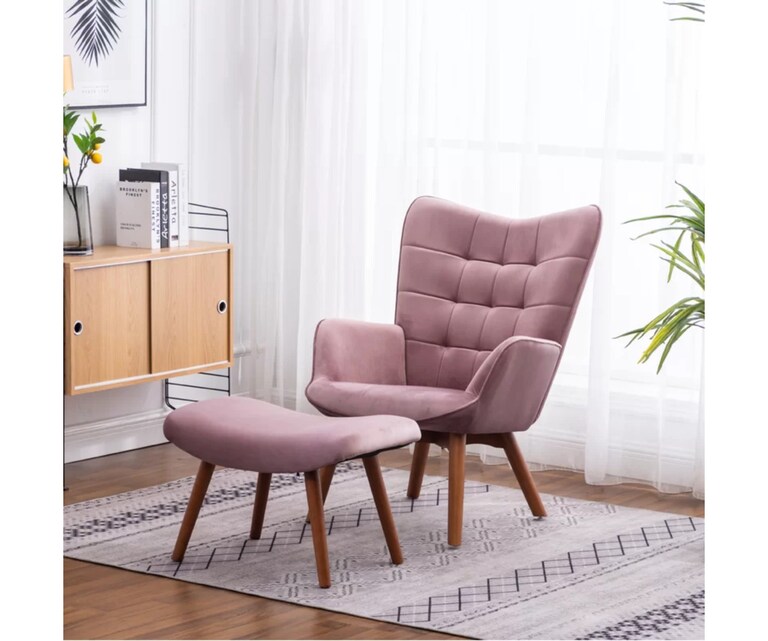 LeatherOn Embra Velvet Fabric Lounge Chair with Ottoman in Pink Colour
