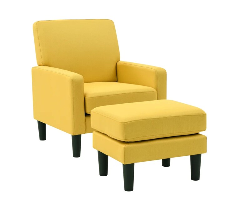 LeatherOn Lapwai Velvet Fabric Wing Chair with Ottoman in Yellow Colour