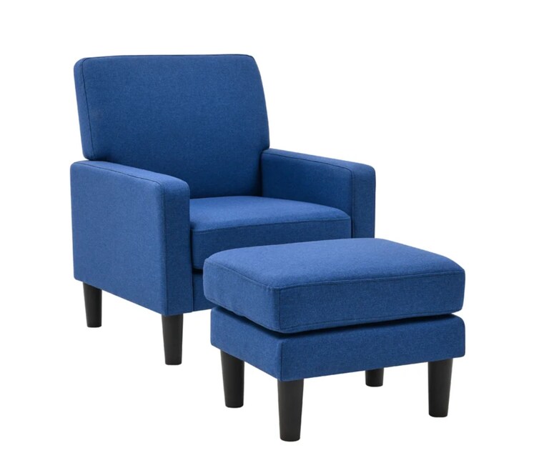 LeatherOn Lapwai Velvet Fabric Wing Chair with Ottoman in Blue Colour