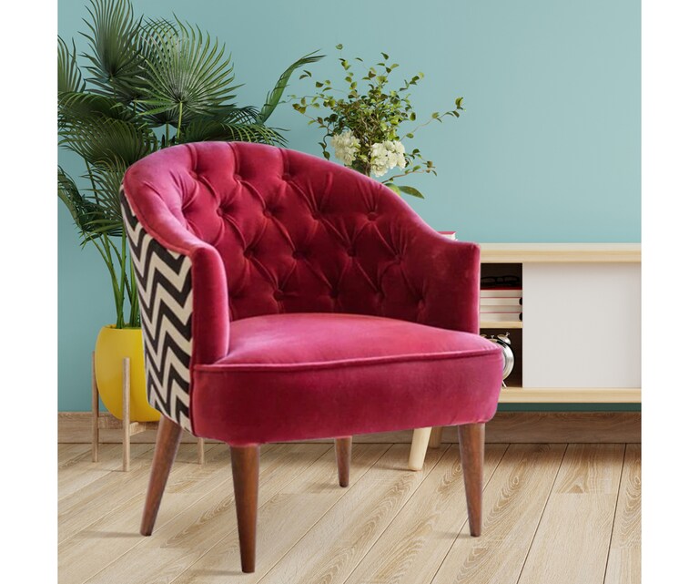 LeatherOn Mary Velvet Fabric Lounge Chair in Pink Colour